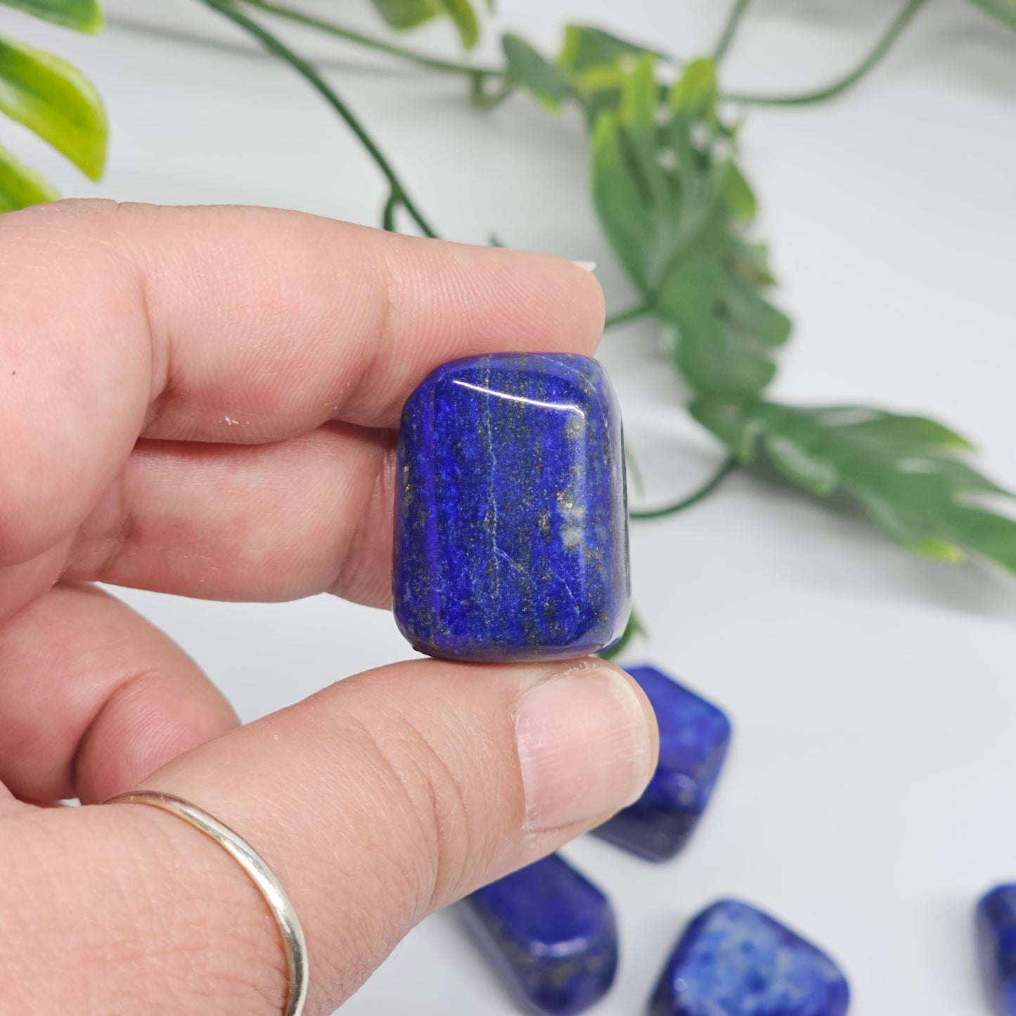 Close-up of an AA Grade Lapis Lazuli polished tumble stone held in hand, highlighting rich royal blue colour and shimmering golden Pyrite flecks.