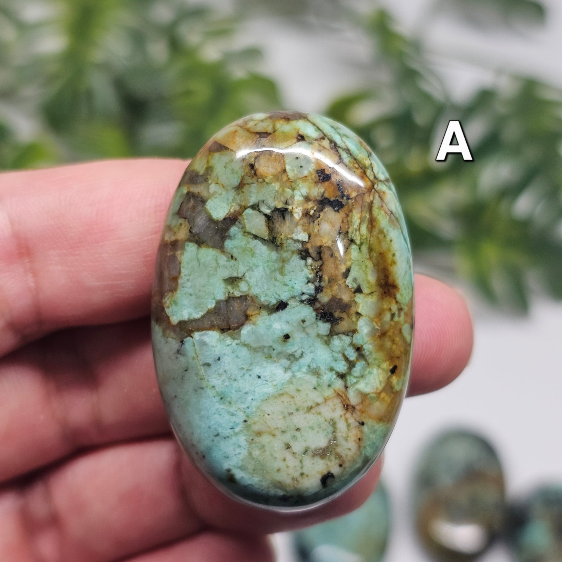 Reverse side of African Turquoise Palm Stone A, highlighting its unique markings, colour variations, and polished finish.
