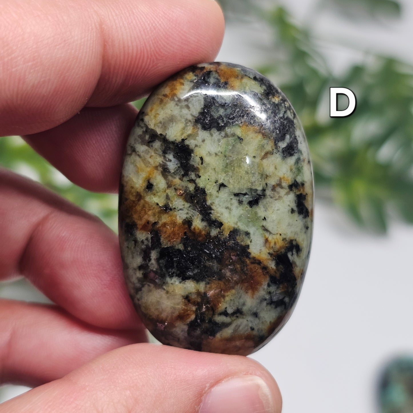 Front view of African Turquoise Palm Stone D, showcasing its polished surface and distinctive natural patterning.