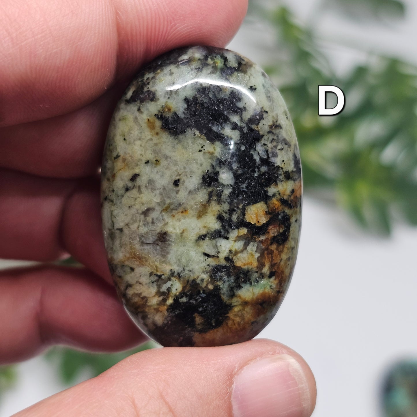 Reverse side of African Turquoise Palm Stone D, displaying unique colour variations and natural stone features.