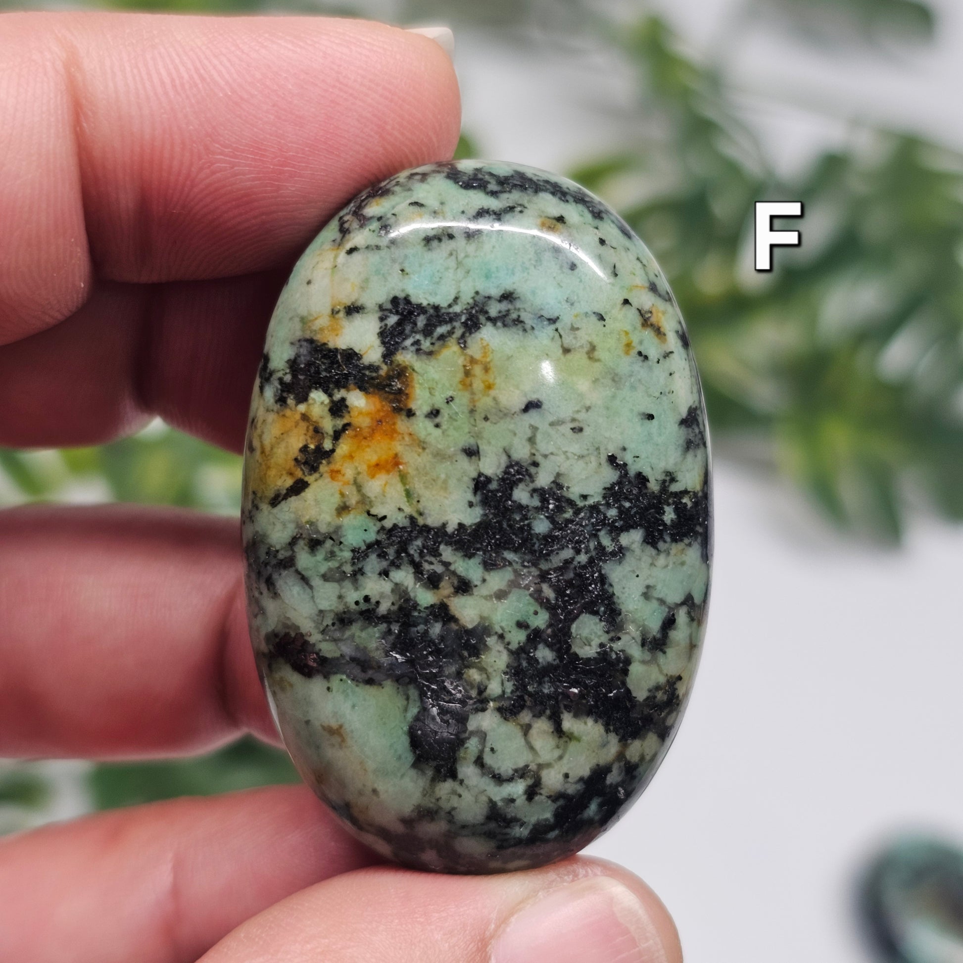Front view of African Turquoise Palm Stone F, showcasing its unique colouration, patterning, and polished shape.
