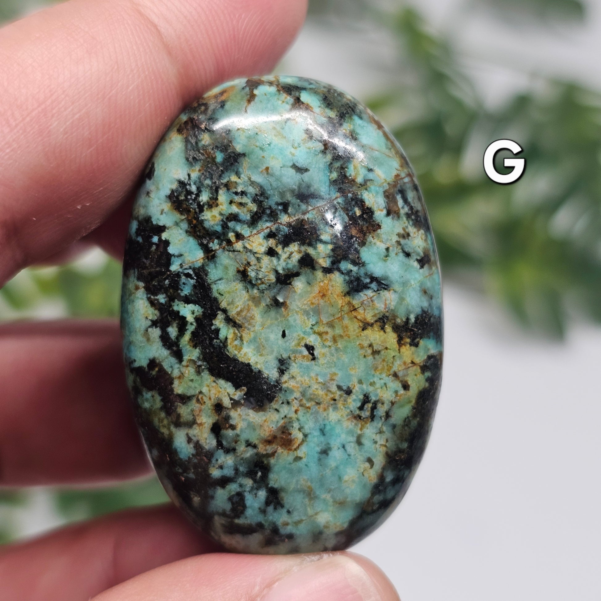 Reverse side of African Turquoise Palm Stone G, highlighting its unique natural patterning and colour variations.