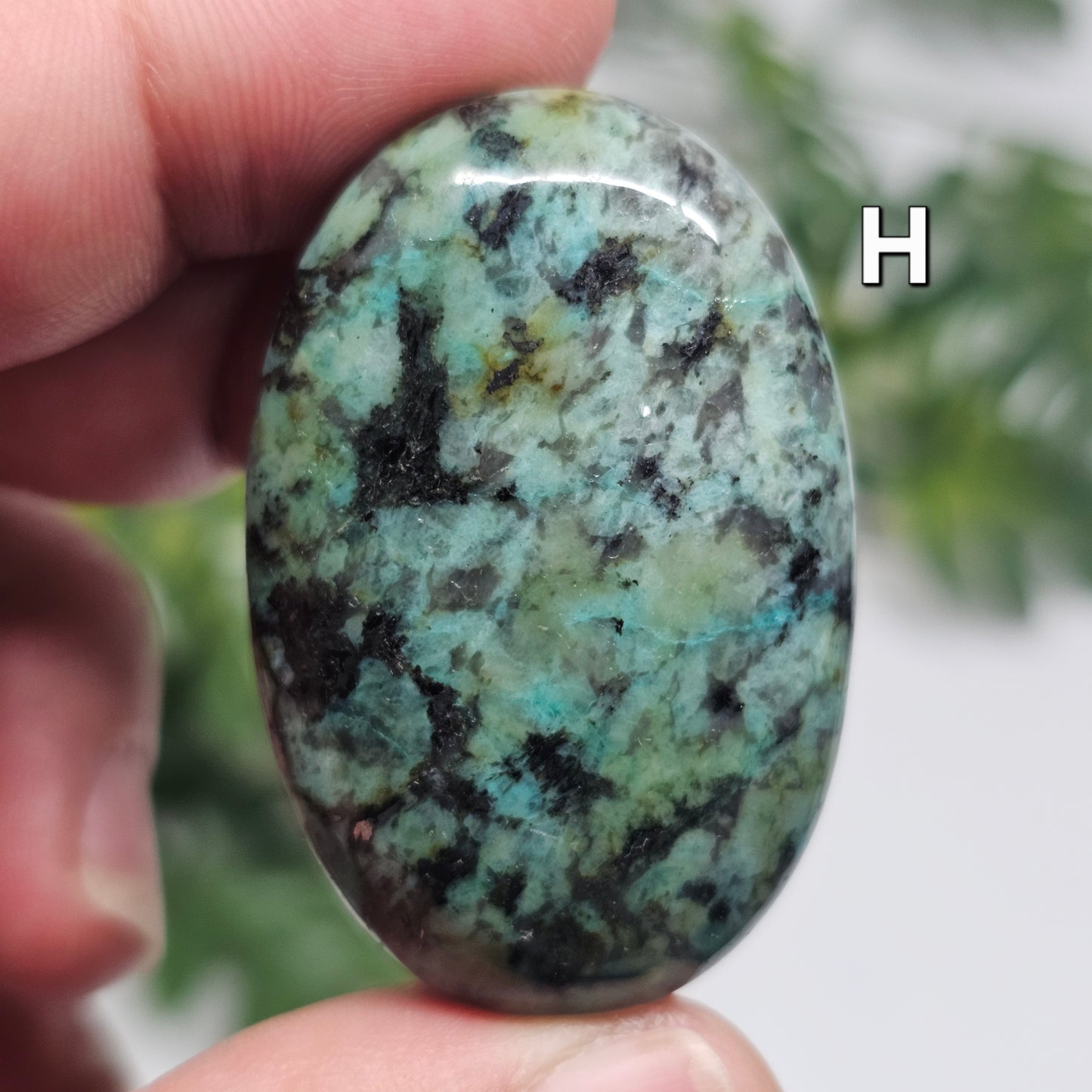 Front view of African Turquoise Palm Stone H, showcasing its polished surface and distinctive earthy patterns.