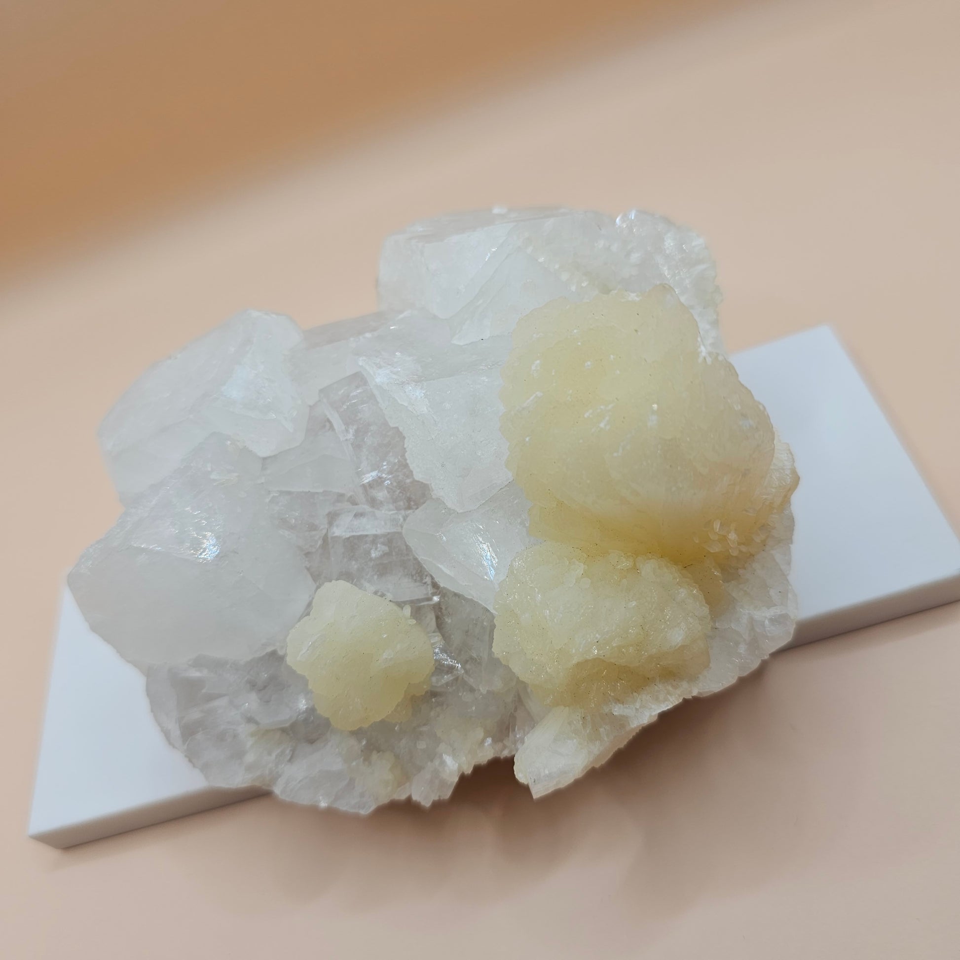 Apophyllite and Peach Stilbite Specimen Natural Crystal Cluster with Sparkling Points and Soft Peach Formations