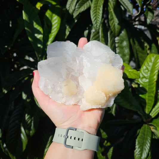 Apophyllite and Peach Stilbite Specimen Natural Crystal Cluster with Sparkling Points and Soft Peach Formations