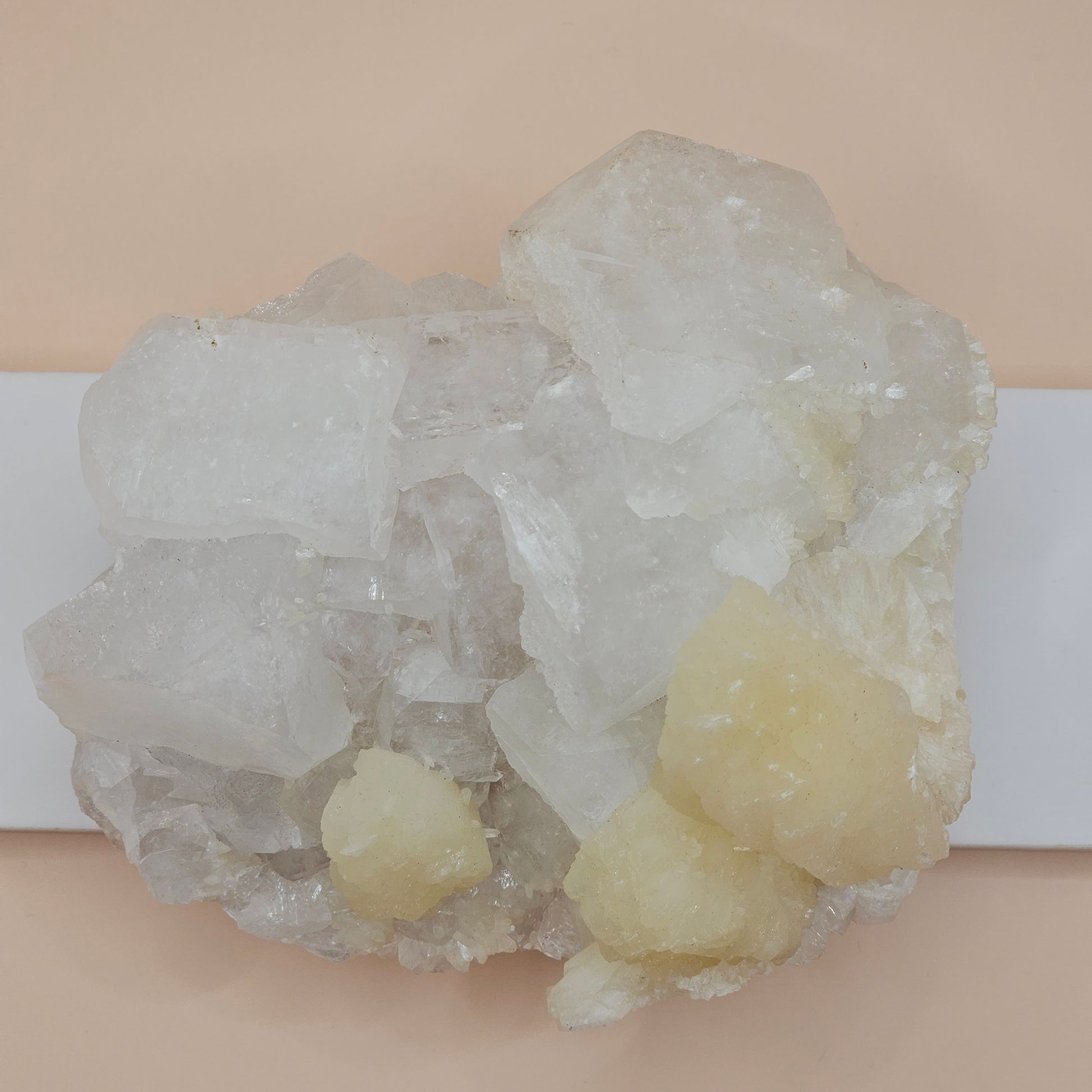 Apophyllite and Peach Stilbite Specimen Natural Crystal Cluster with Sparkling Points and Soft Peach Formations
