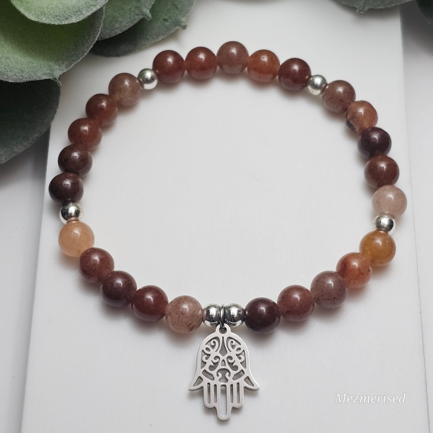 6mm Aventurine-Style Quartz Silver Hamsa Hand Bracelet | Available in Gold and other charms