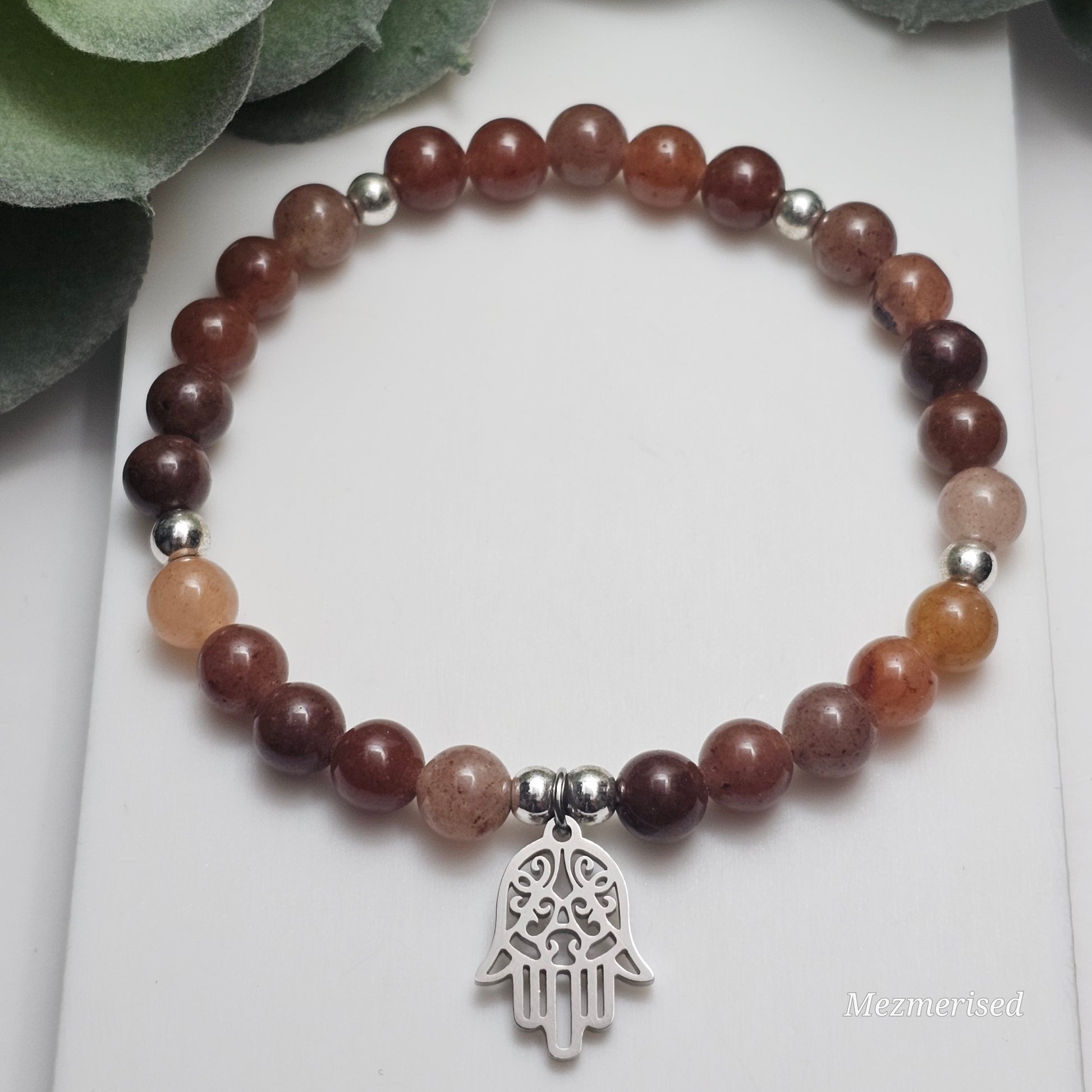 6mm Aventurine-Style Quartz Silver Hamsa Hand Bracelet | Available in Gold and other charms
