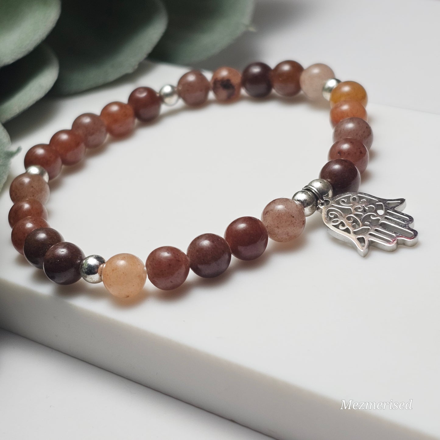 6mm Aventurine-Style Quartz Silver Hamsa Hand Bracelet 