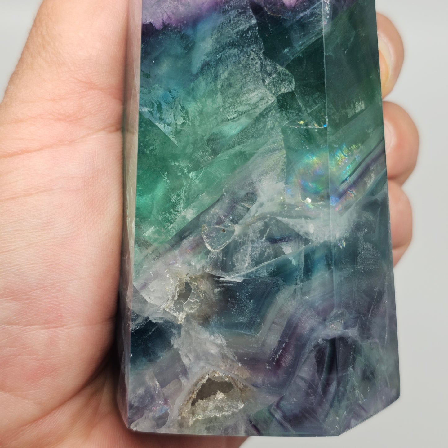 Close up detail of fluorite tower crystal showing natural banded patterns