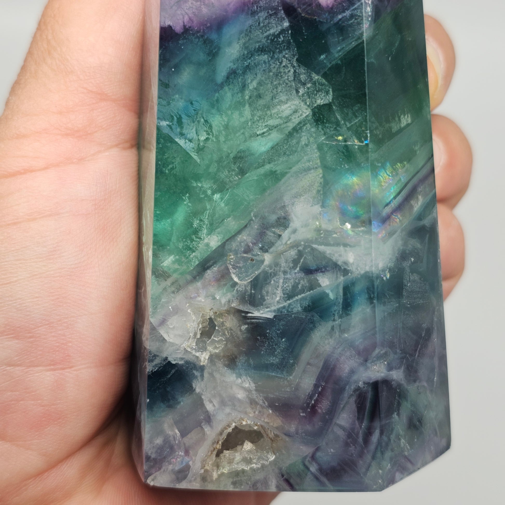 Close up detail of fluorite tower crystal showing natural banded patterns