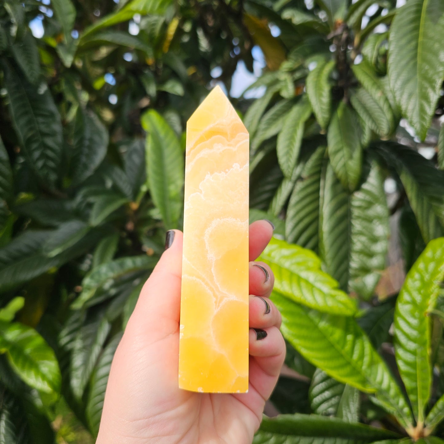 A slim side view of the 3cm deep calcite point showing the vertical alignment of the vibrant honey-orange and milky white bands.