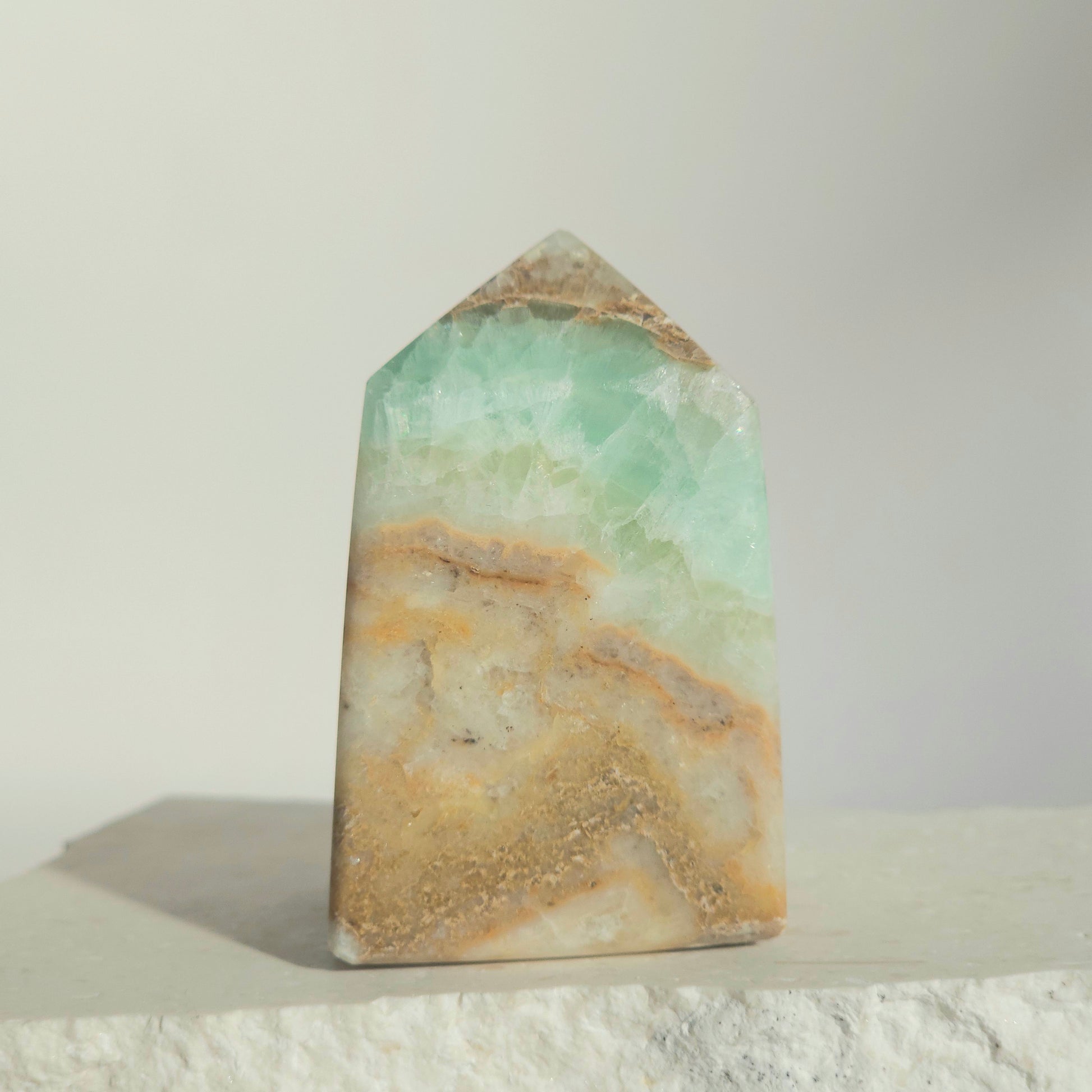 Polished Caribbean Calcite Tower Soft Blue Wave-Like Banding