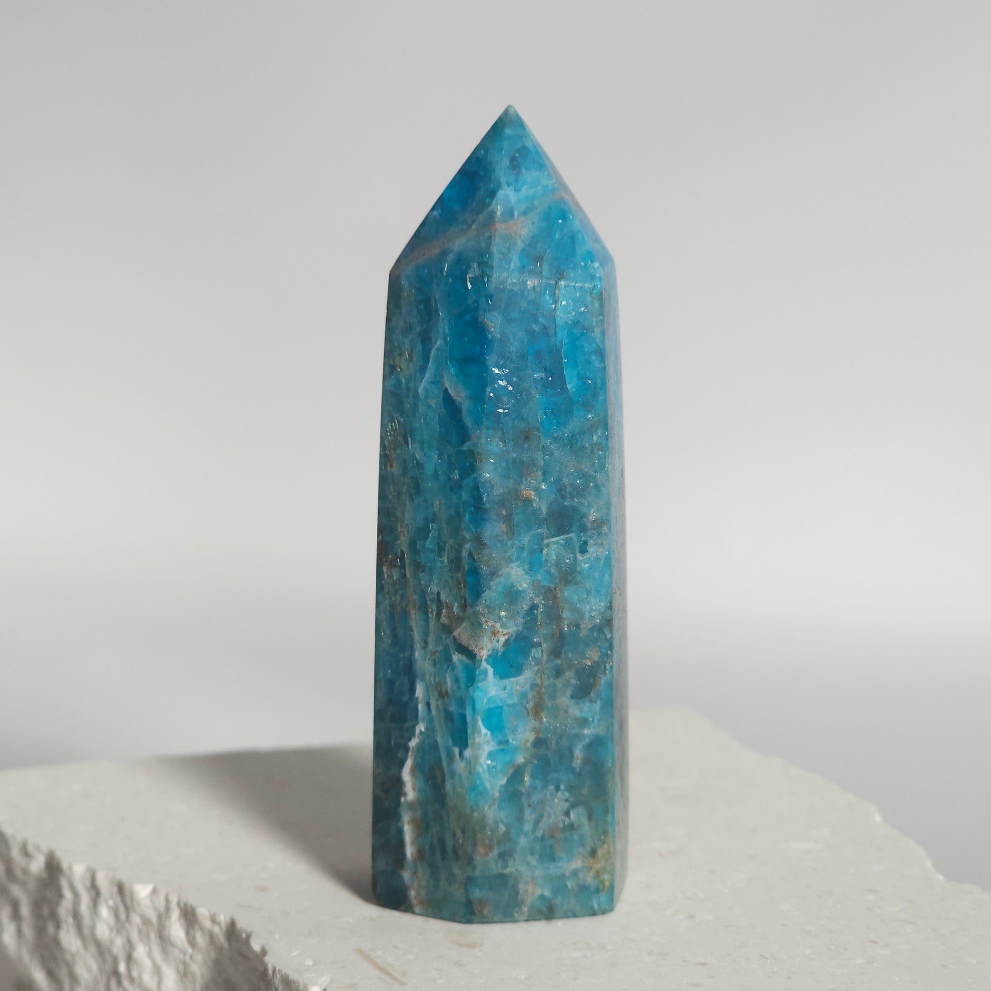 Blue Apatite tower showing vibrant blue colour and natural variation.