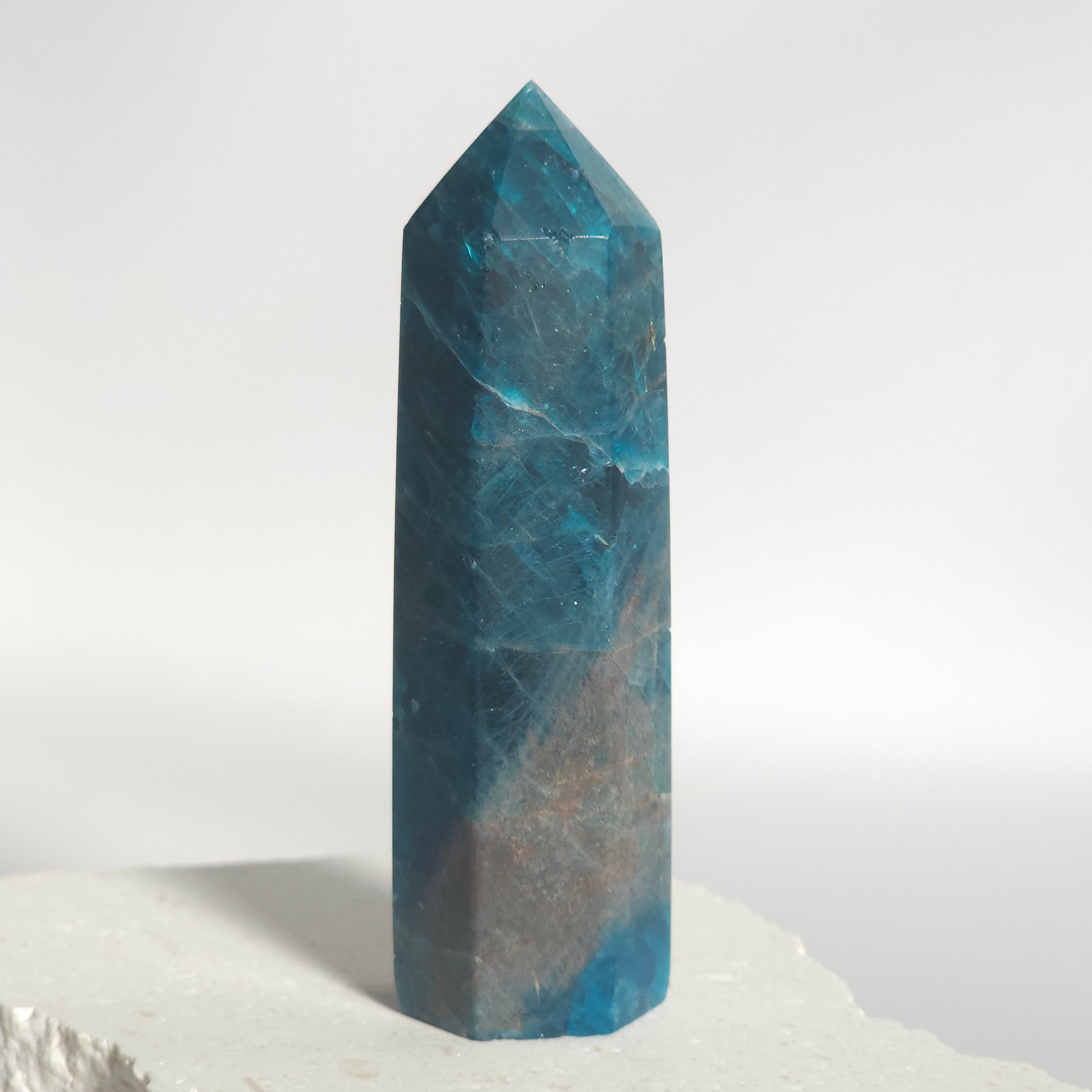 Blue Apatite tower showing vibrant blue colour and natural variation.