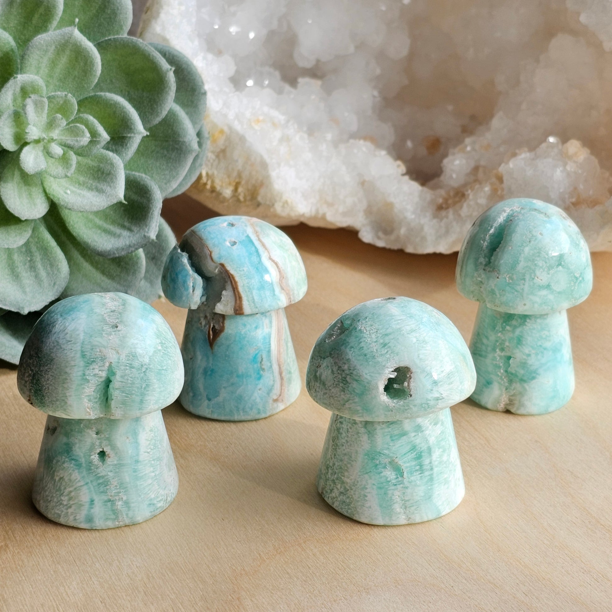 A set of Blue Aragonite mushroom carvings featuring soft ocean-blue tones and natural variation. Smooth polished forms symbolising grounding, calmness, and emotional balance.