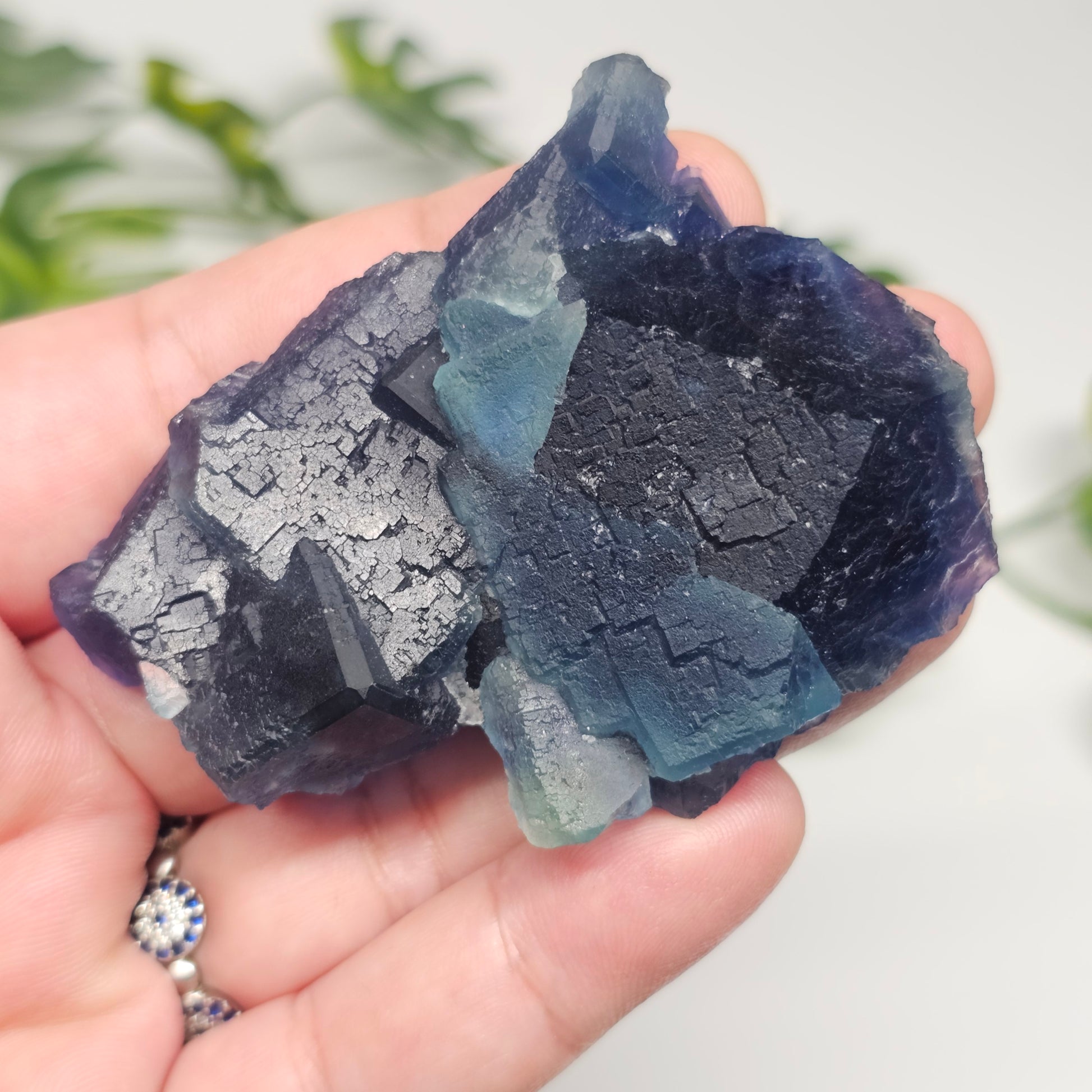 Raw Blue Fluorite specimen displaying beautiful stepped growth and colour zoning from a different angle.