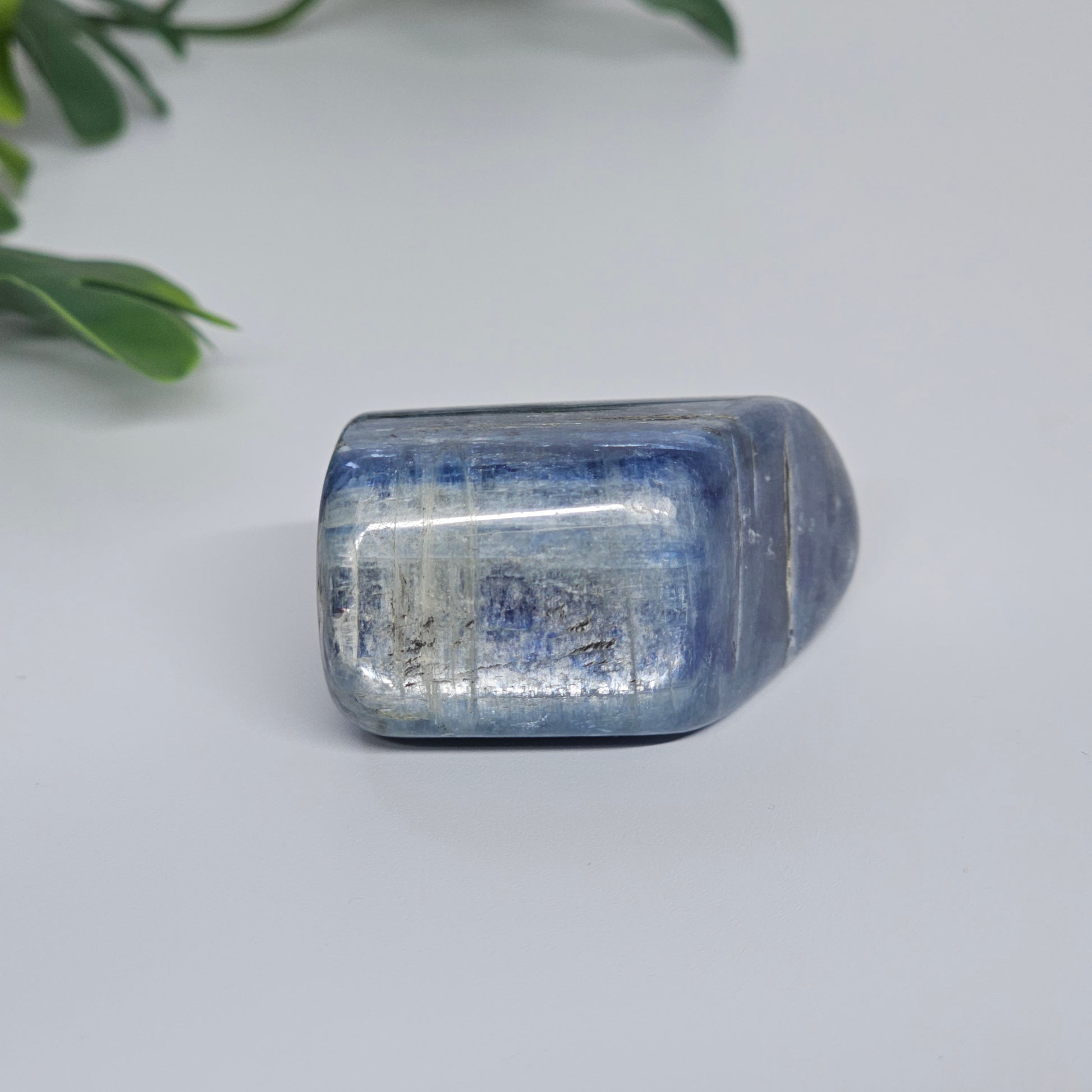Blue Kyanite Option B shown laid flat, highlighting natural silver sheen, deep blue tones, and polished freeform shape with unique crystal reflections