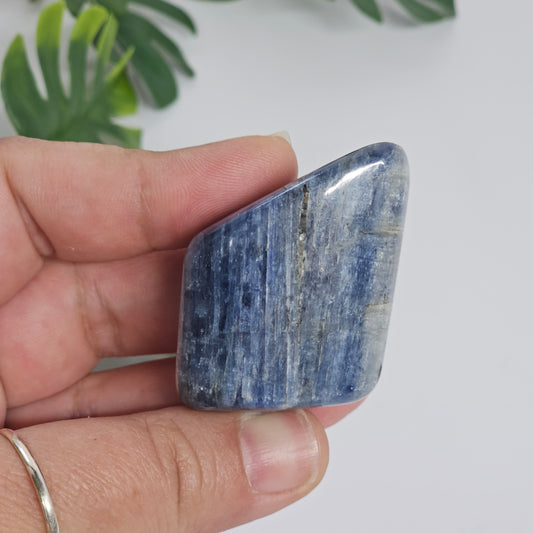 Blue Kyanite Option B held in hand showing natural polished freeform shape without visible sheen, featuring deep blue tones and organic crystal structure
