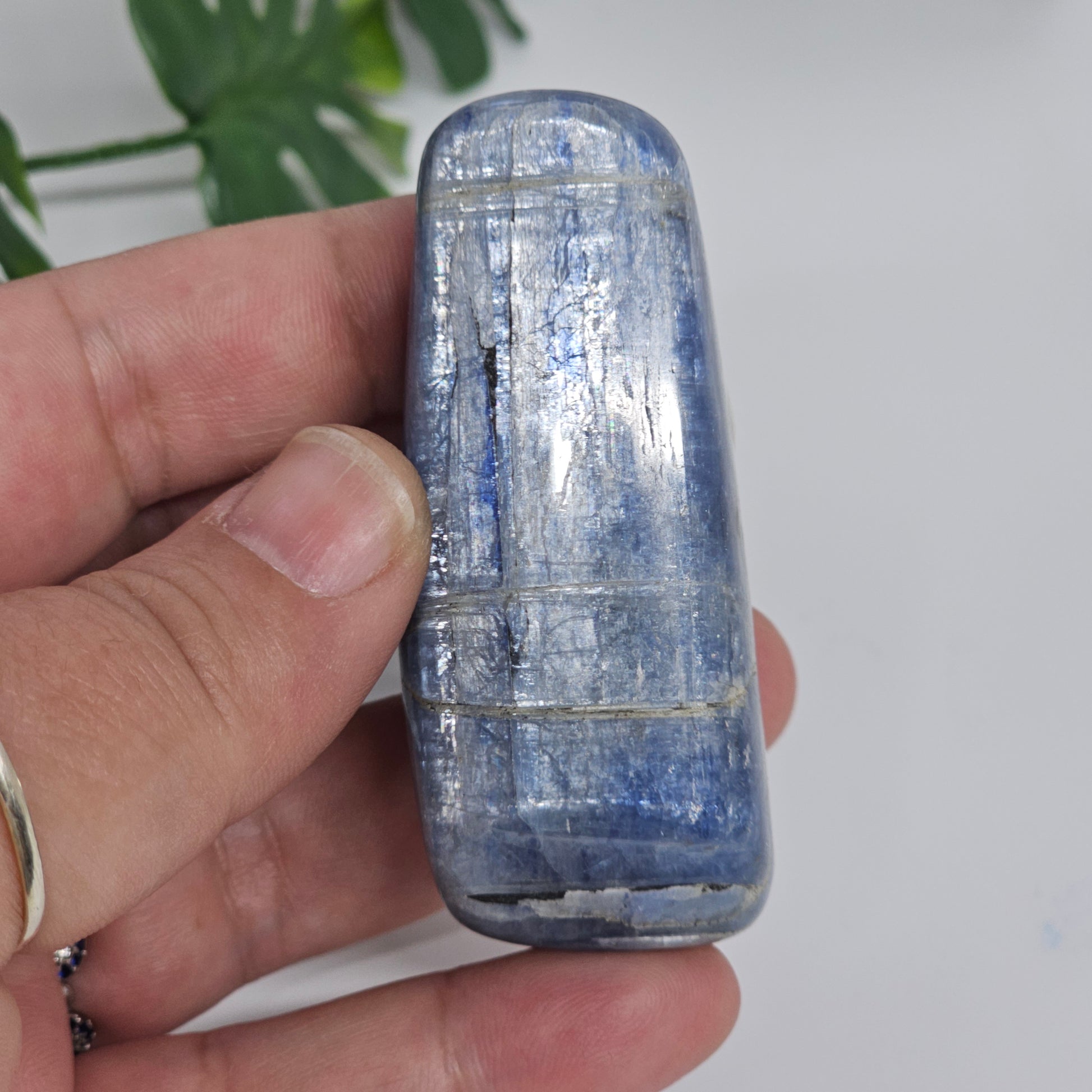 Blue Kyanite Option C held in hand showing natural polished freeform shape without visible sheen, featuring deep blue tones and organic crystal structure