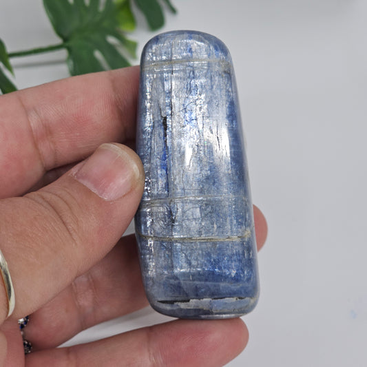 Blue Kyanite Option C held in hand showing natural polished freeform shape without visible sheen, featuring deep blue tones and organic crystal structure