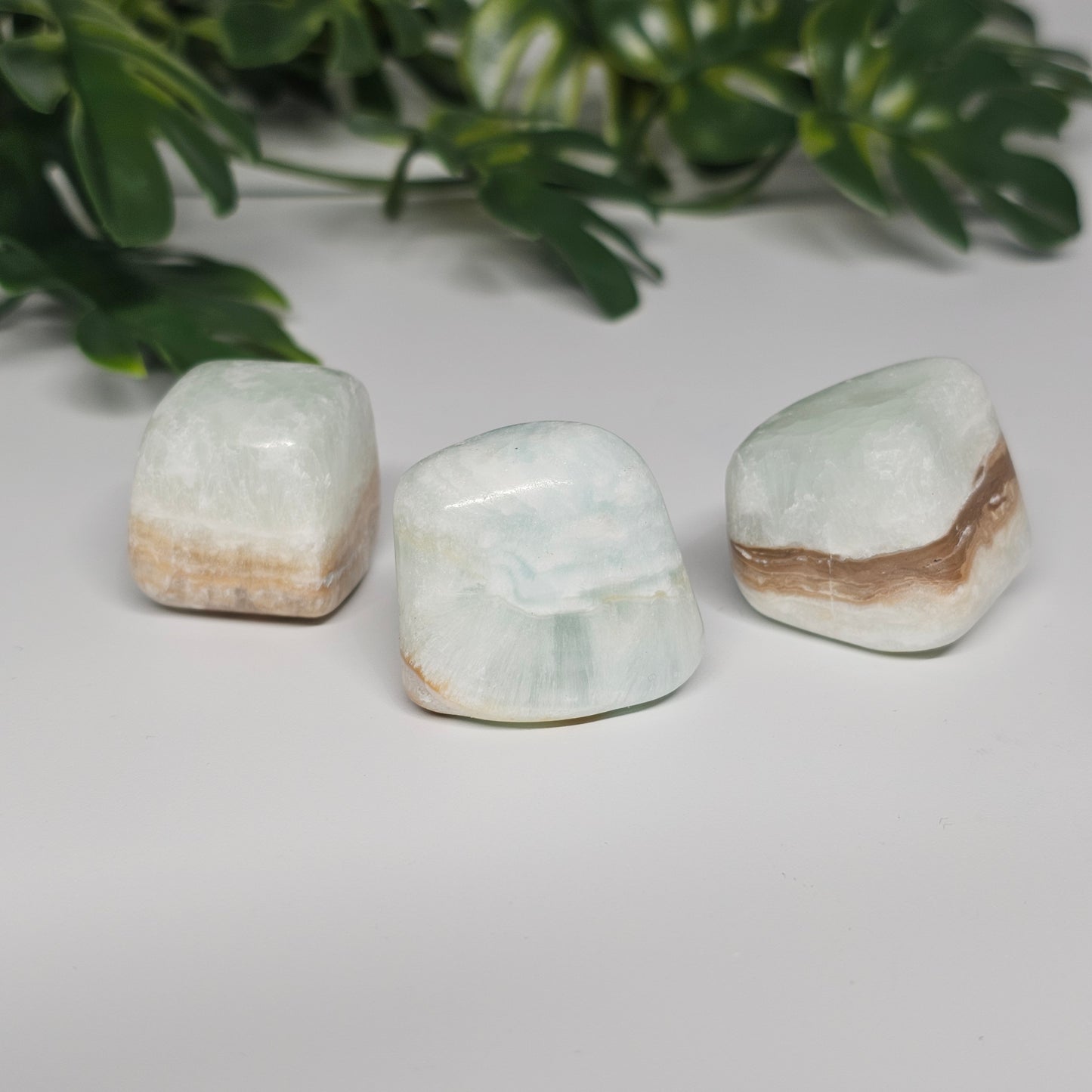 Medium Caribbean Calcite tumble stones arranged on a flat surface, highlighting their natural colour variations and oceanic tones.