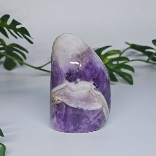 Chevron Amethyst polished freeform featuring natural purple and white banding with a smooth polished finish. Beautiful crystal available in Australia.