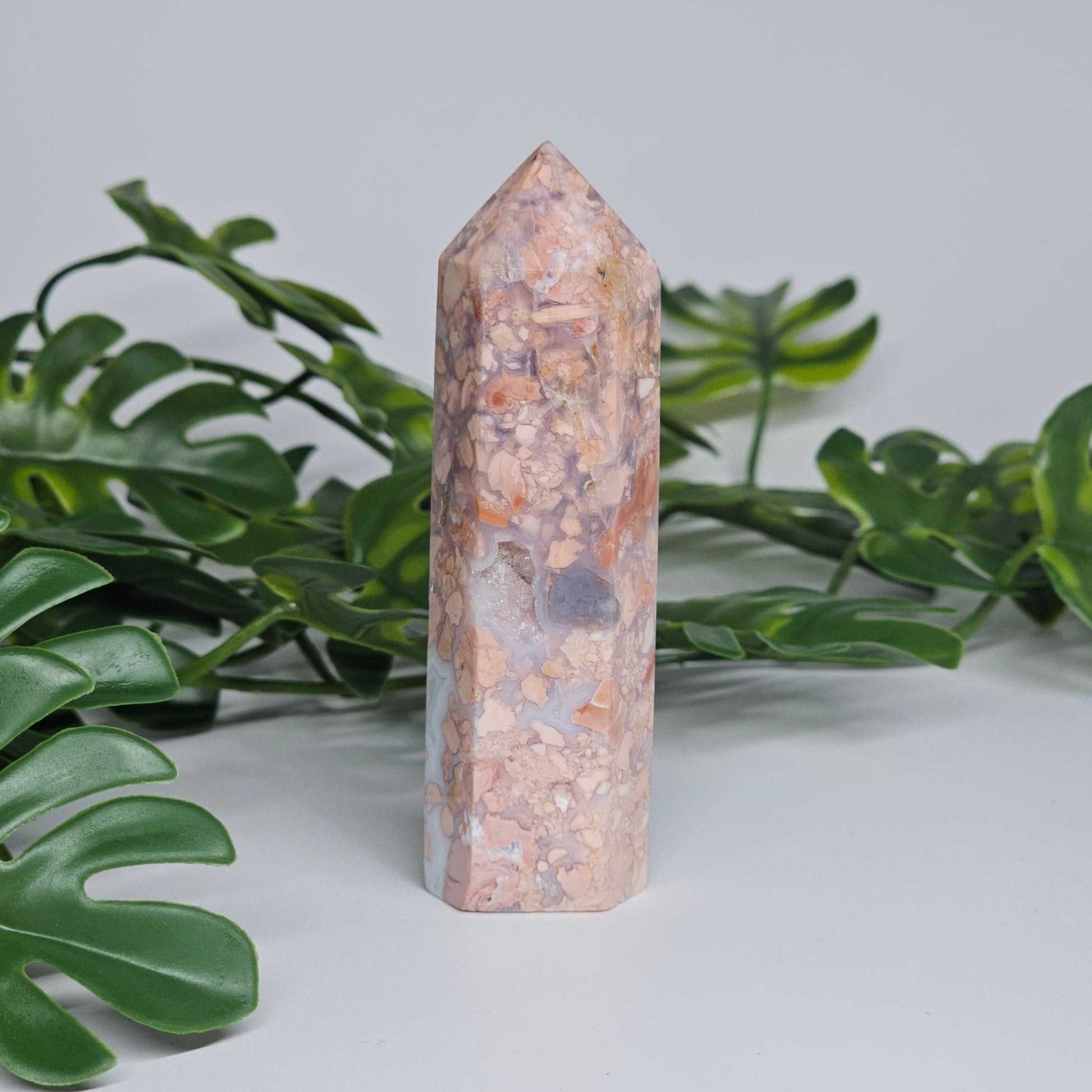 Peachy Pink hued Agate tower with a natural sugar druzy and blue/grey chalcedony