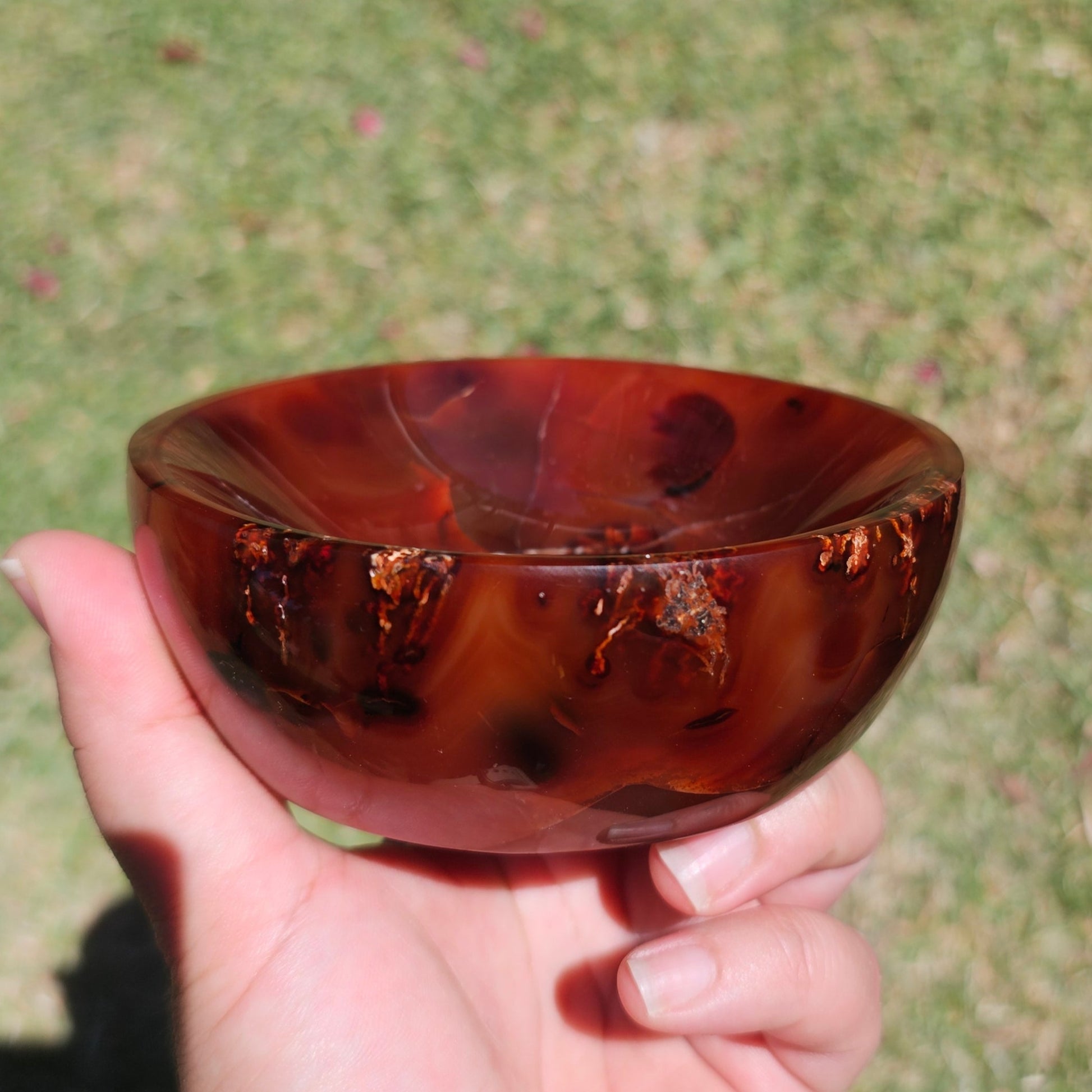 In-hand size comparison of the polished dark Carnelian bowl captured outdoors in natural sunlight, showcasing its depth of colour and smooth rounded form.