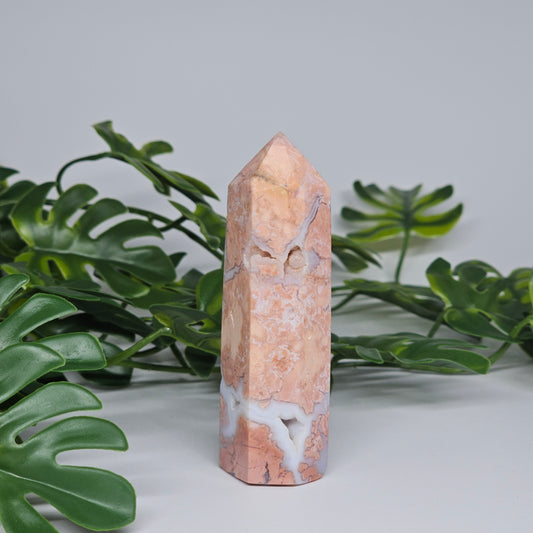 Cotton candy agate crystal tower with soft pastel tones and natural sugar druzy