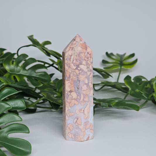 Cotton candy agate crystal tower with soft pastel tones and natural sugar druzy