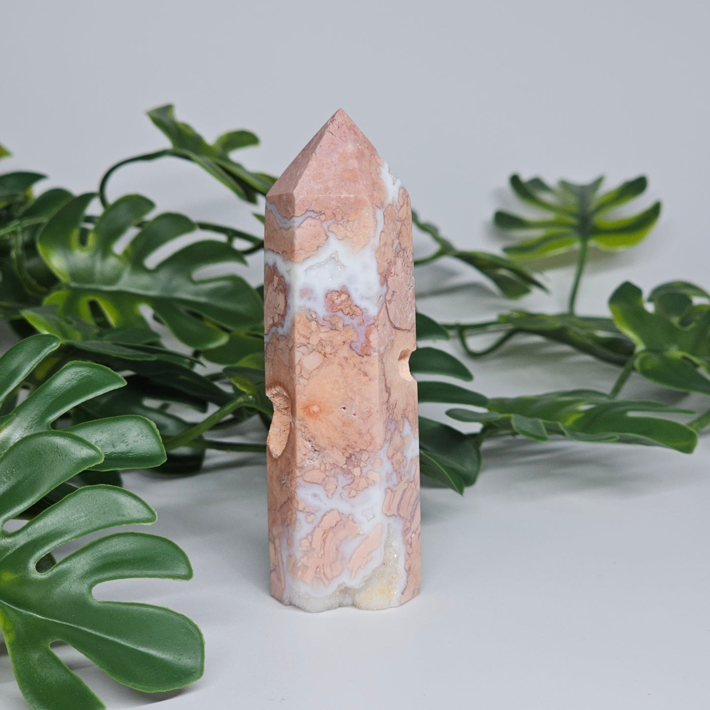 Cotton candy agate crystal tower with soft pastel tones and natural sugar druzy