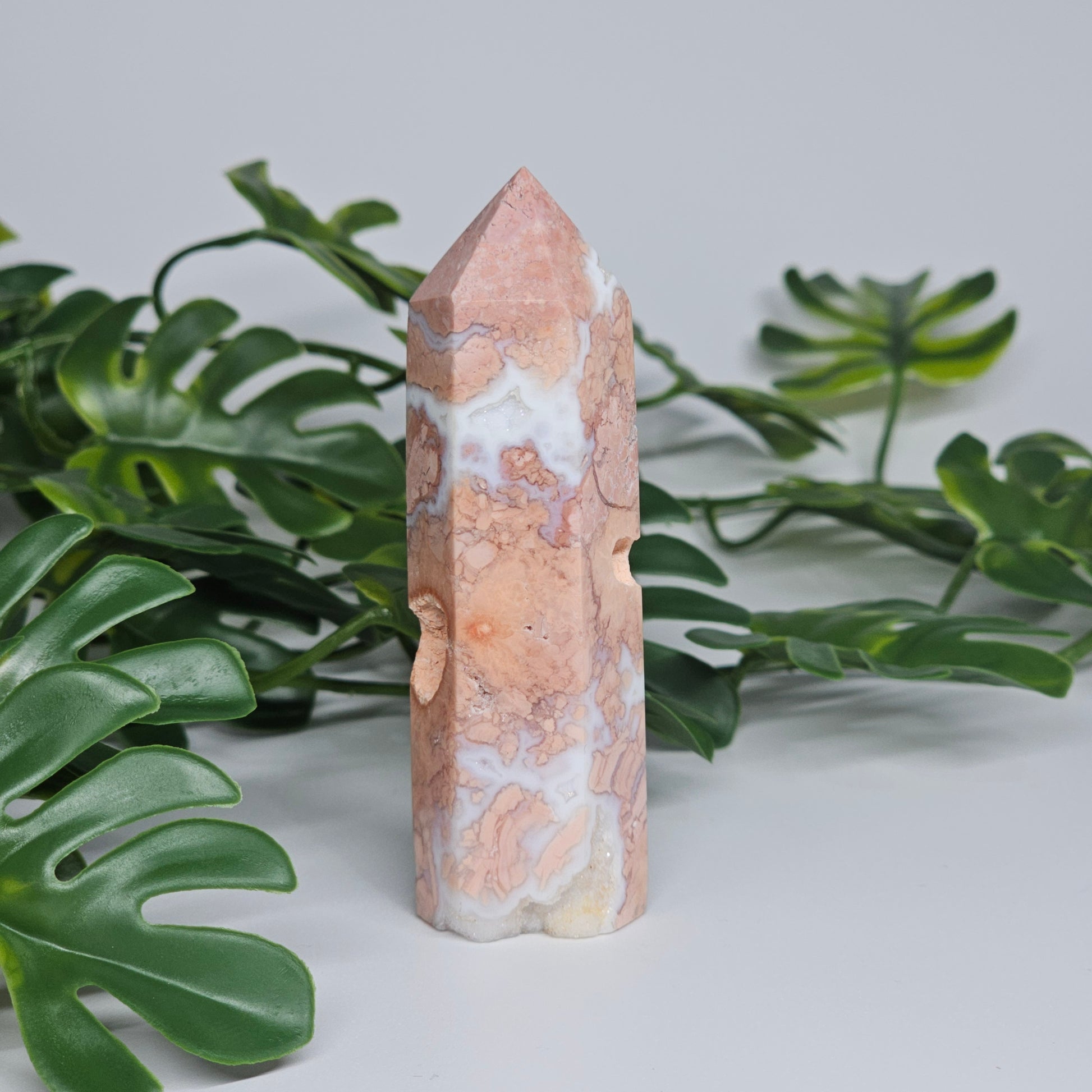 Cotton candy agate crystal tower with soft pastel tones and natural sugar druzy