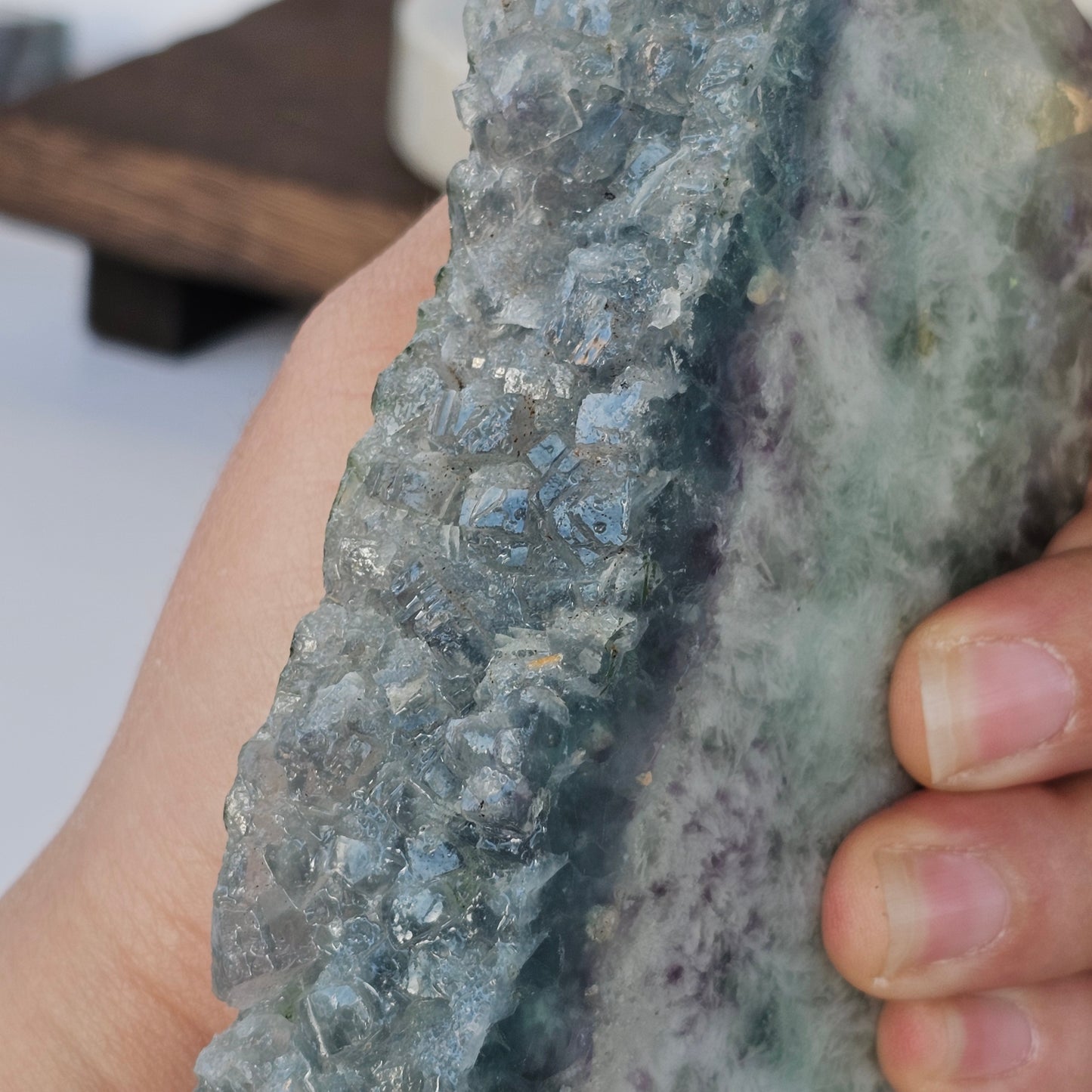 Close up of Fluorite druzy edge showing fine crystal sparkle.