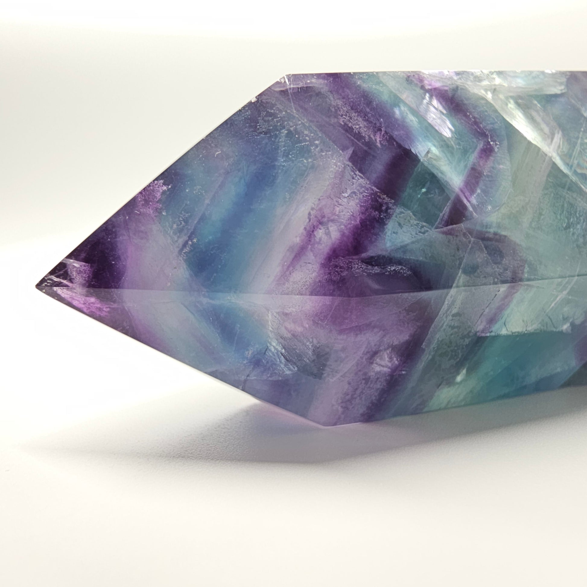 Large Fluorite tower with blue, green, purple and white chevron banding