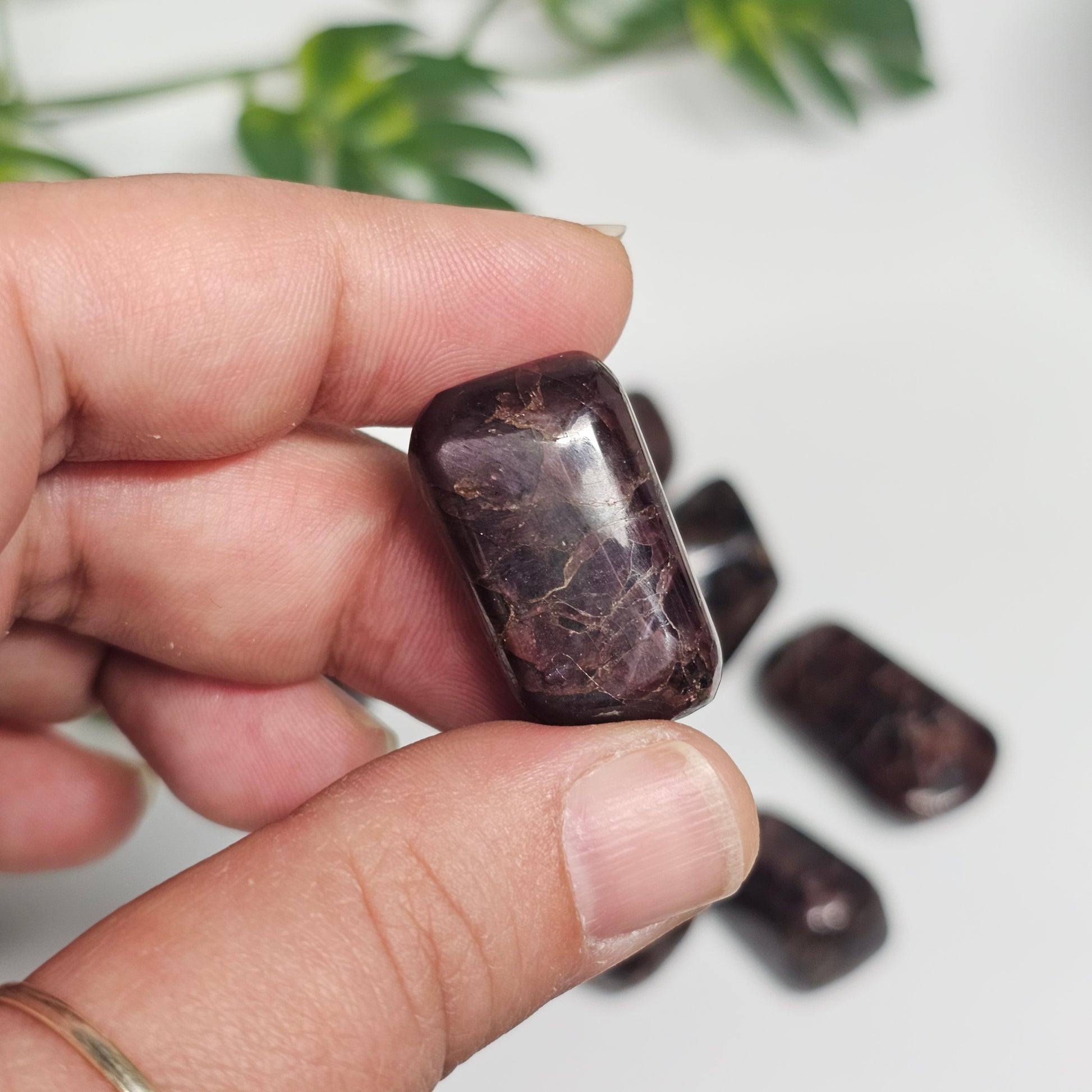 Single Garnet tumble stone held in hand, showcasing its deep red tone, polished surface, and natural variation in colour and clarity.