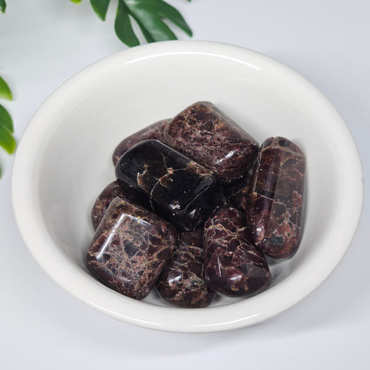 A collection of hand-polished Garnet tumble stones displayed in a bowl, showcasing their deep red tones and natural variation in shape and texture.