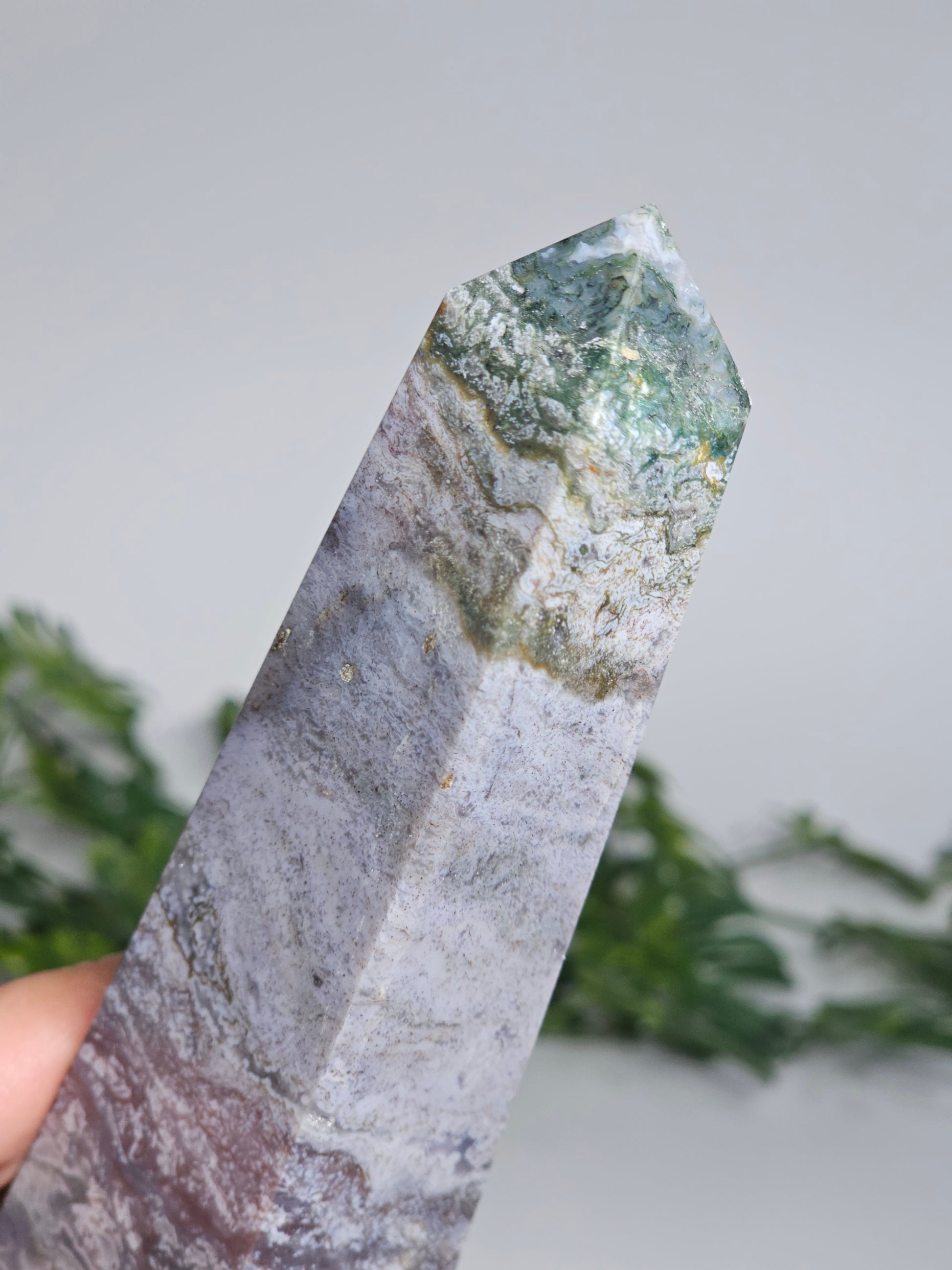 Green Moss tipped crystal Obelisk with light blue and red ombre