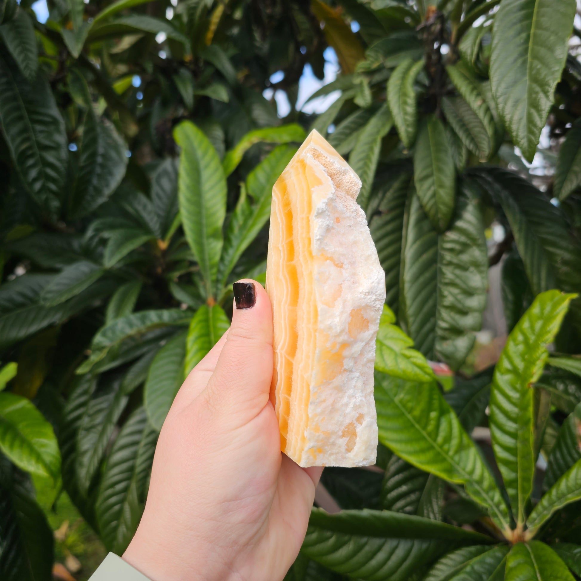 A hand-held view focusing on the tactile difference between the smooth polished crystal and the raw, chalky white edge.
