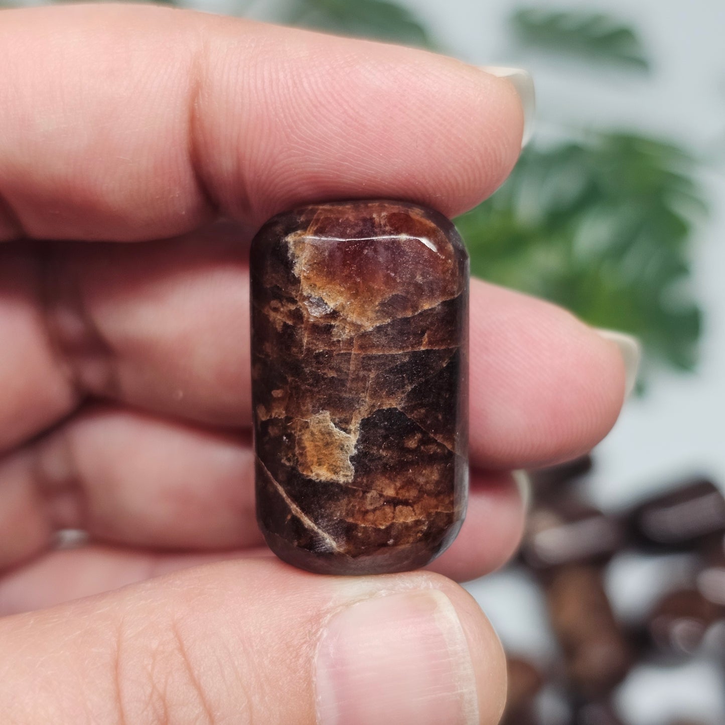 Individual Hessonite Garnet tumble stone held in hand, showcasing its polished surface, natural clarity, and unique formation.