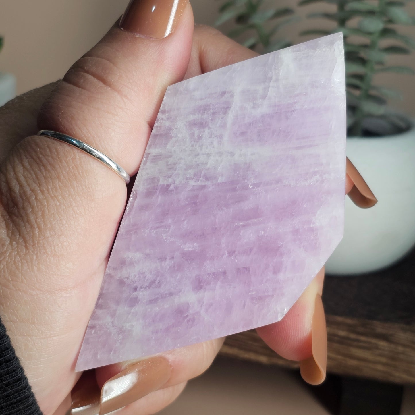 Kunzite slab held in hand under studio lighting, showing soft pink lilac tones, glow, and polished surface detail.