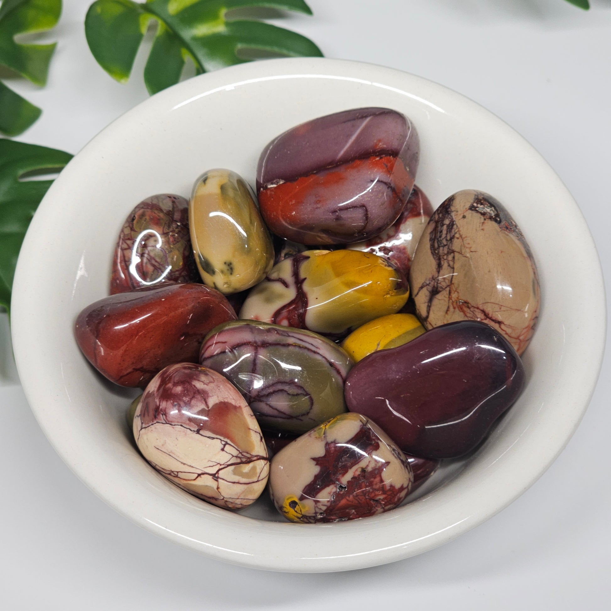 A collection of Mookaite Jasper tumble stones displayed in a bowl, showcasing their rich earthy reds, mustard yellows, creams, and natural pattern variations.