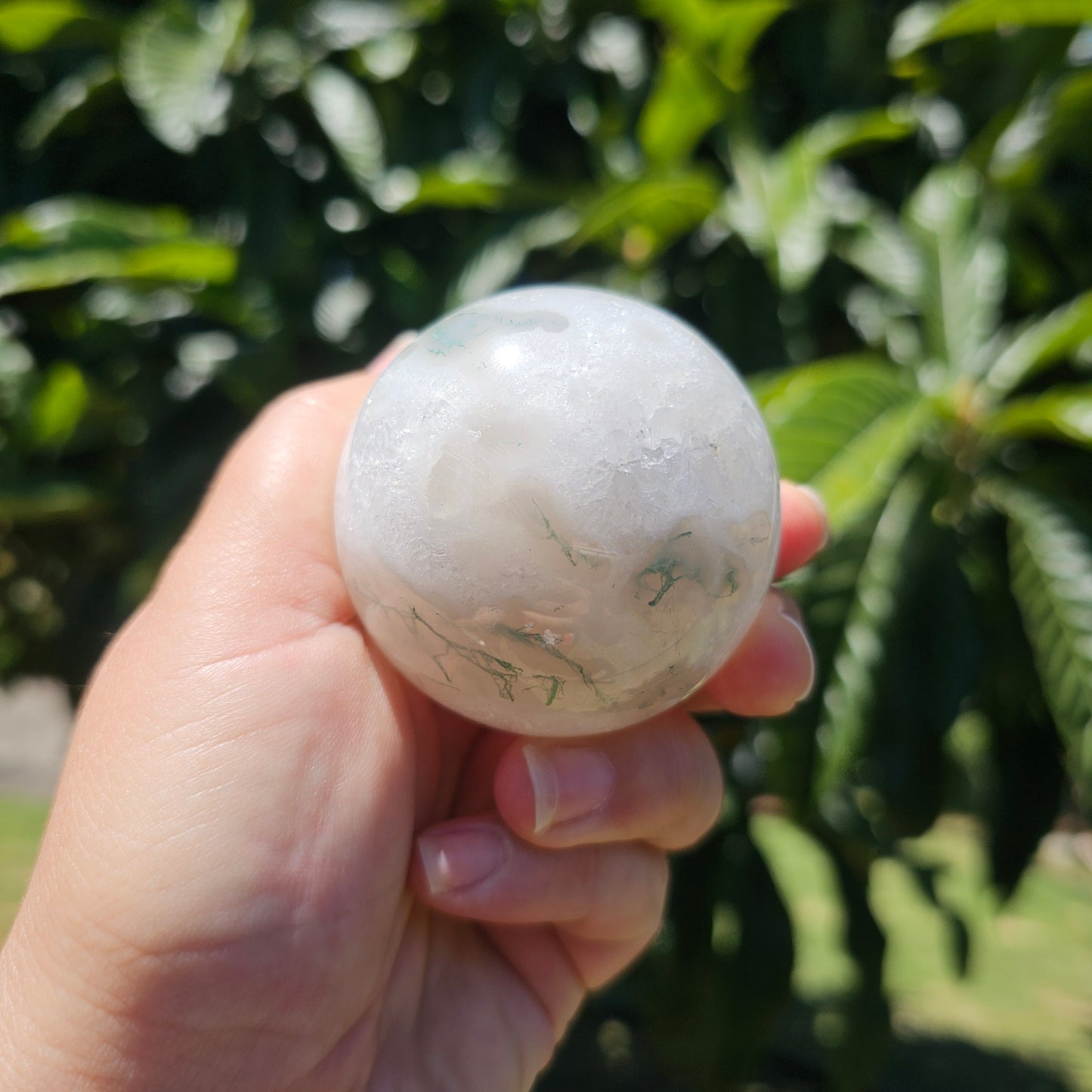 Second outdoor in-hand angle capturing the sphere’s internal formations and organic moss agate inclusions with natural sunlight enhancing depth and texture.
