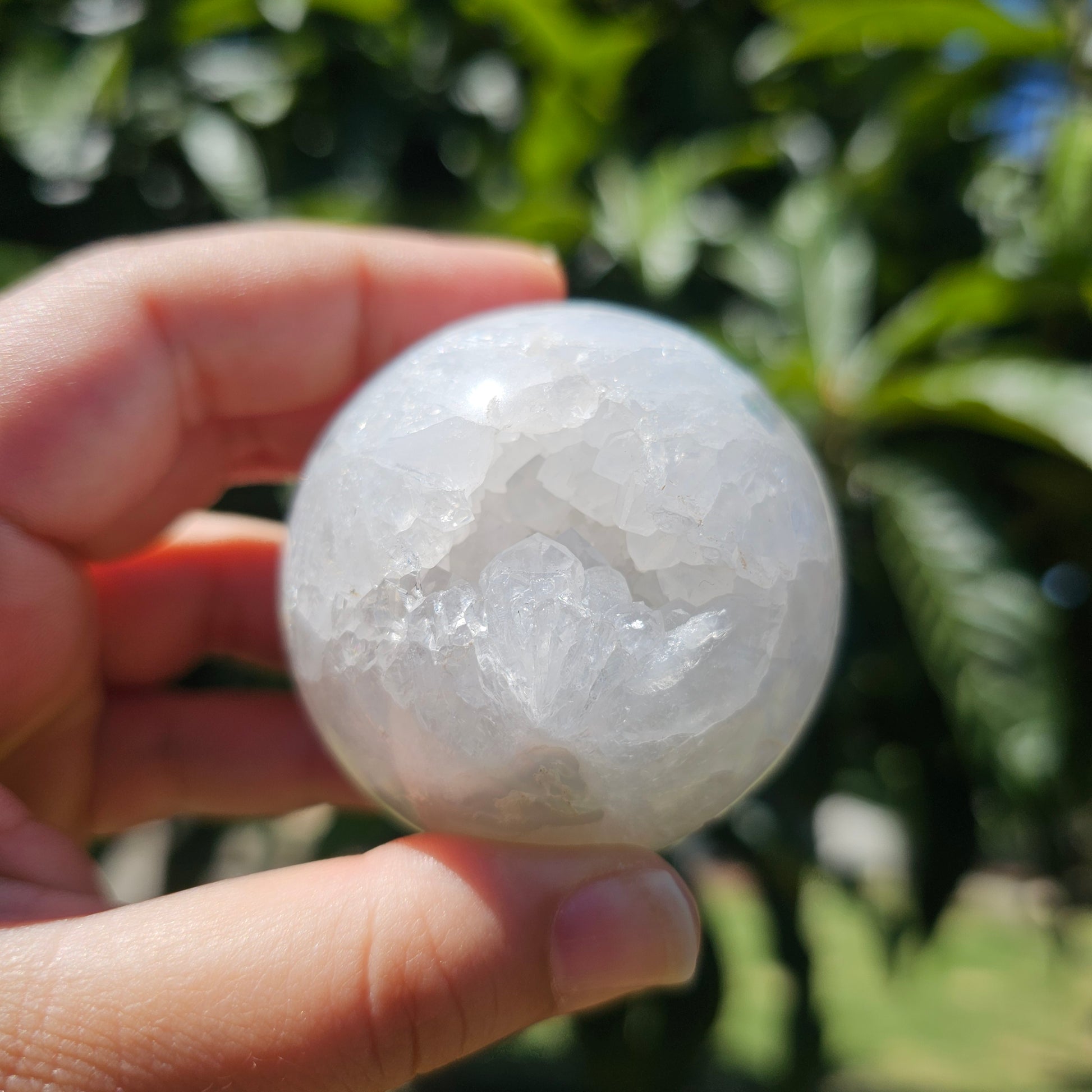 In-hand outdoor shot highlighting the natural quartz point formations and internal moss inclusions, revealing depth and clarity within the crystal sphere.