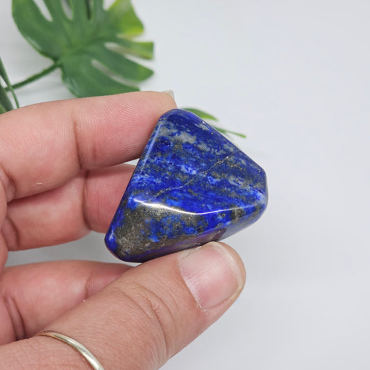 Close-up of an AA Grade Lapis Lazuli polished tumble stone held in hand, displaying deep royal blue colouring with natural golden Pyrite speckles. Premium quality crystal available in Australia.