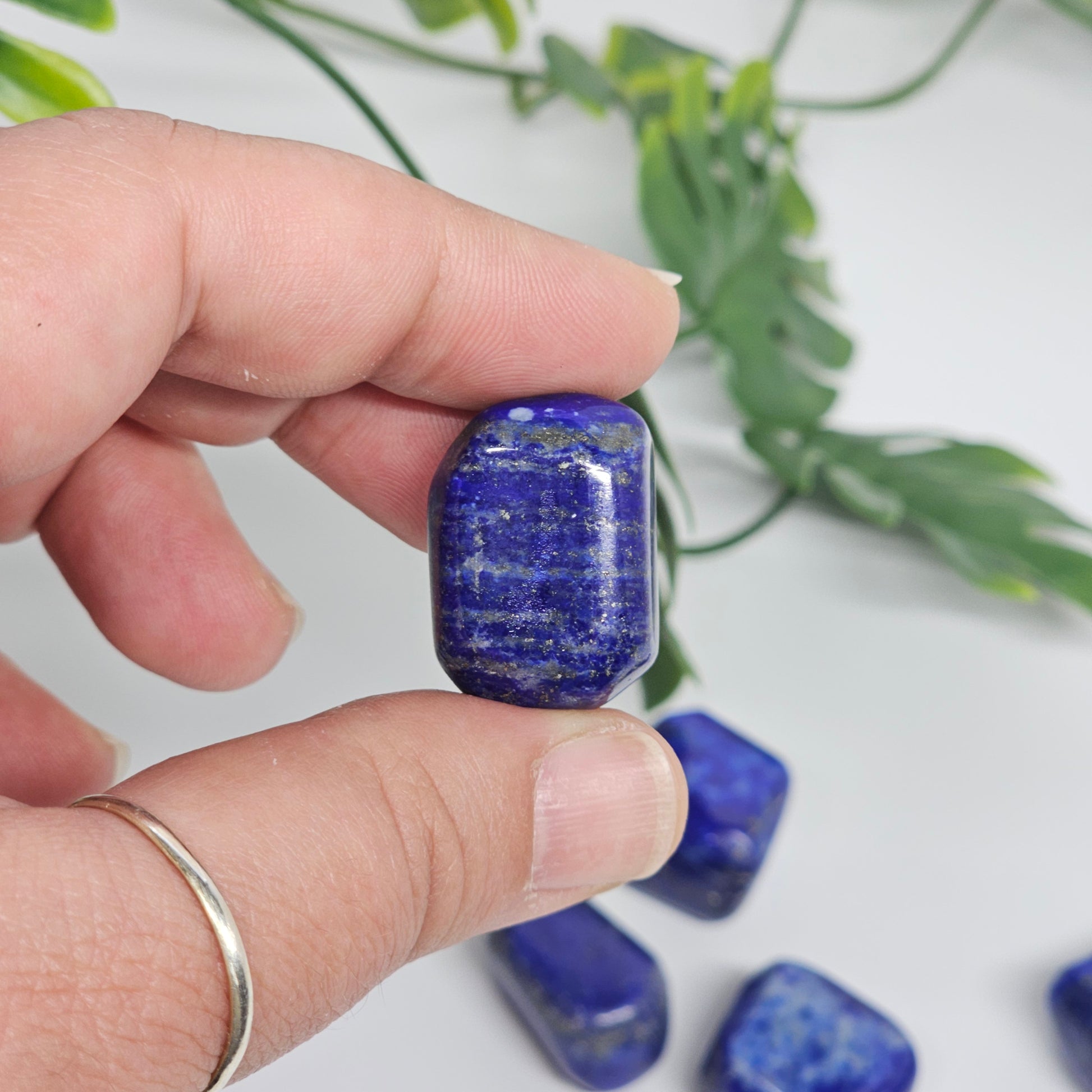 Premium AA Grade Lapis Lazuli tumble stone photographed in hand to show size, polish, and natural deep blue colouring with Pyrite speckles.