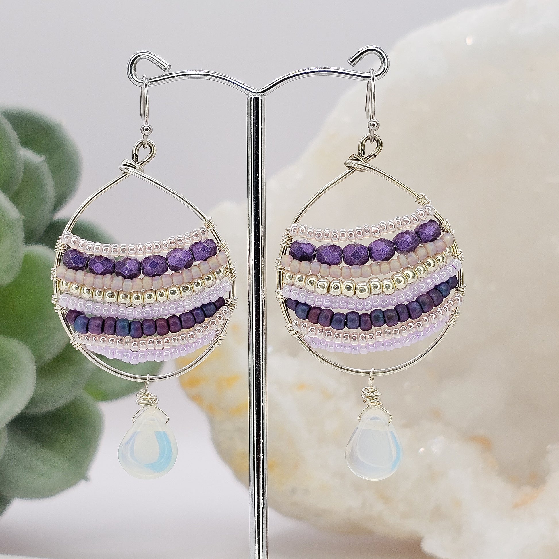 Lilla Earrings | sterling silver plated wire wrapped Opalite, Japanese seed bead and Czech fire polish bead earrings | handmade jewellery Australia | gift for woman