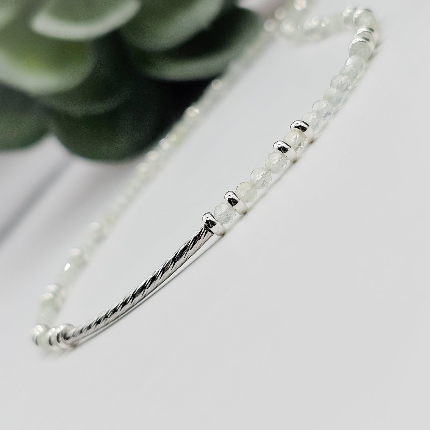 Prehnite Silver Textured Bar Necklace | natural handmade prehnite beaded necklace, gift for women, gift for friend, gift for mum, gift for mom, handmade gemstone jewellery, handmade crystal jewelry, anniversary gift, dainty gemstone jewellery, petite jewellery, ooak necklace, australia, melbourne