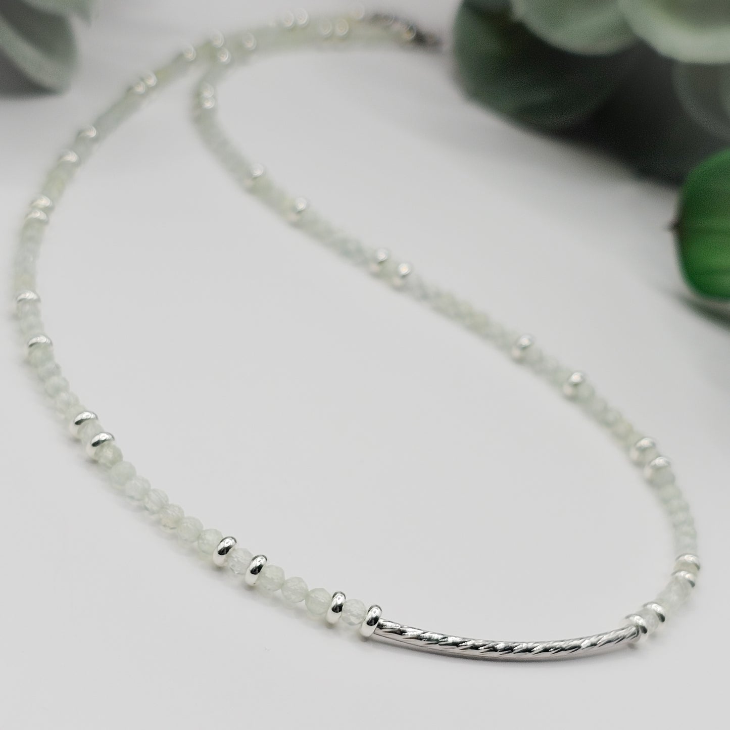 Prehnite Silver Textured Bar Necklace | natural handmade prehnite beaded necklace, gift for women, gift for friend, gift for mum, gift for mom, handmade gemstone jewellery, handmade crystal jewelry, anniversary gift, dainty gemstone jewellery, petite jewellery, ooak necklace, australia, melbourne