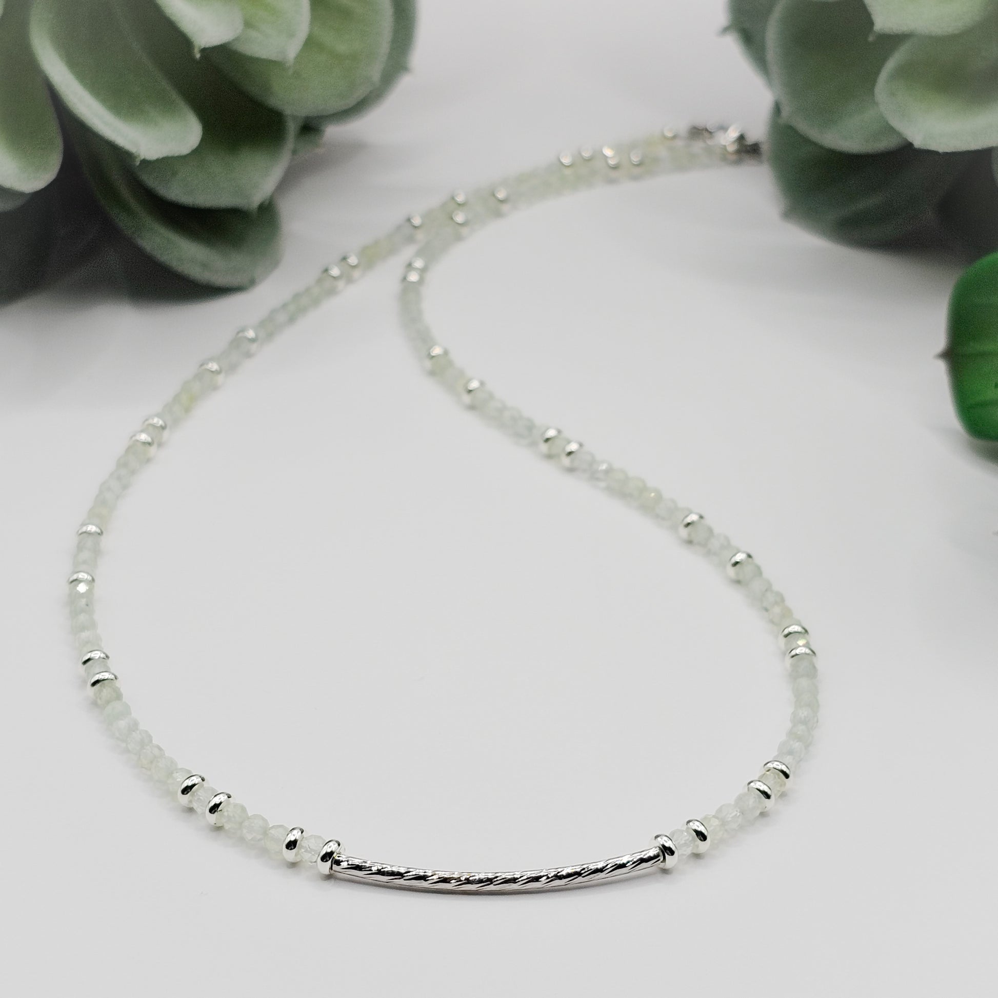 Prehnite Silver Textured Bar Necklace | natural handmade prehnite beaded necklace, gift for women, gift for friend, gift for mum, gift for mom, handmade gemstone jewellery, handmade crystal jewelry, anniversary gift, dainty gemstone jewellery, petite jewellery, ooak necklace, australia, melbourne